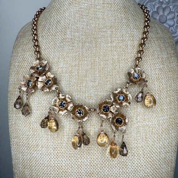 J.Crew Crystal Midnight Floral Statement Necklace Gold-Tone With Gemstone Drops - Picture 2 of 10
